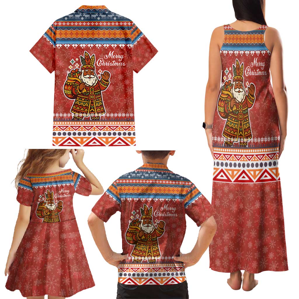 Angola Christmas Family Matching Tank Maxi Dress and Hawaiian Shirt with Red Snowflake Pattern Tribal Santa Claus Motif - Wonder Print Shop