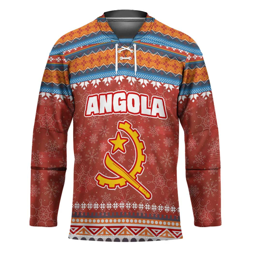 Angola Christmas Hockey Jersey with Red Snowflake Pattern Tribal Santa Claus Motif - Wonder Print Shop