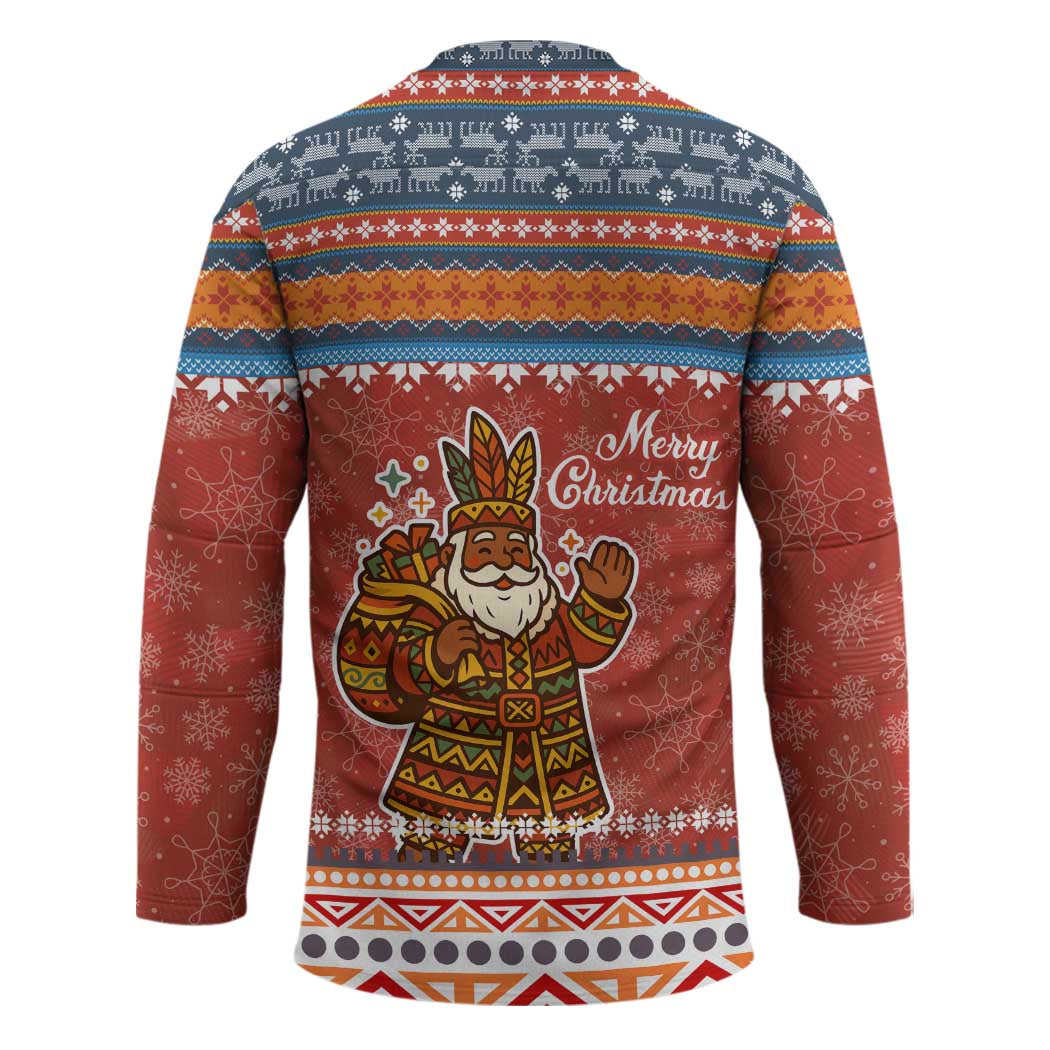 Angola Christmas Hockey Jersey with Red Snowflake Pattern Tribal Santa Claus Motif - Wonder Print Shop
