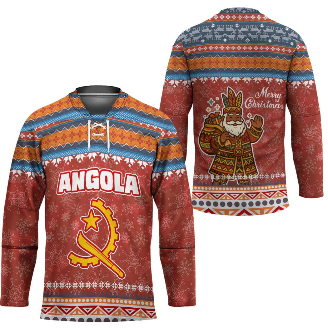 Angola Christmas Hockey Jersey with Red Snowflake Pattern Tribal Santa Claus Motif - Wonder Print Shop