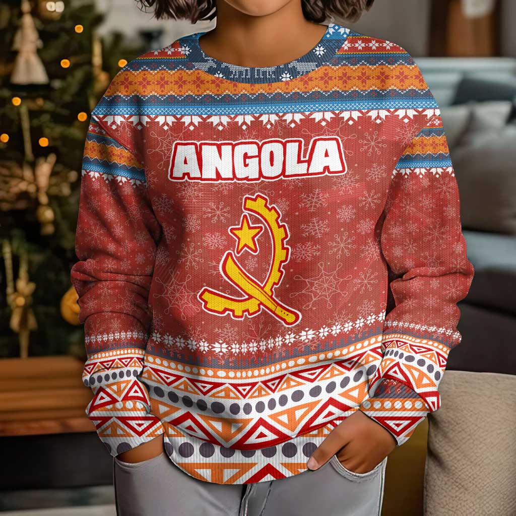 Angola Christmas Kid Ugly Christmas Sweater with Red Snowflake Pattern Tribal Santa Claus Motif - Wonder Print Shop