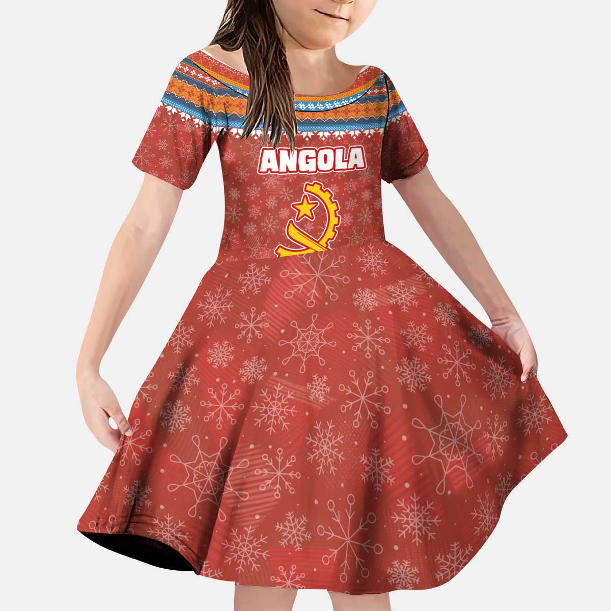 Angola Christmas Kid Short Sleeve Dress with Red Snowflake Pattern Tribal Santa Claus Motif - Wonder Print Shop