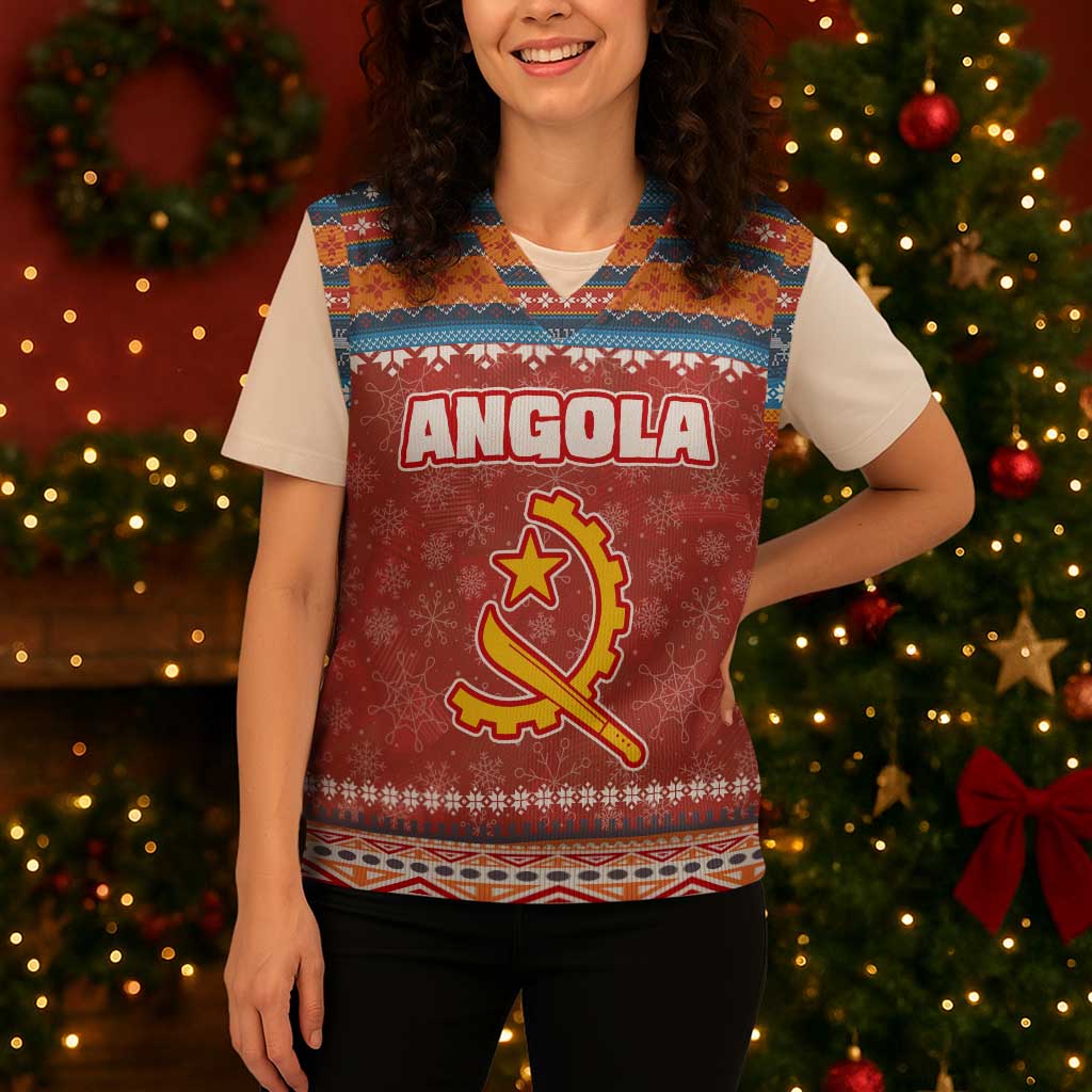Angola Christmas Knitted V-Neck Vest with Red Snowflake Pattern Tribal Santa Claus Motif - Wonder Print Shop