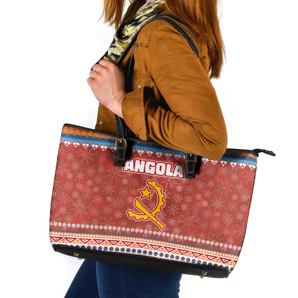Angola Christmas Leather Tote Bag with Red Snowflake Pattern Tribal Santa Claus Motif - Wonder Print Shop