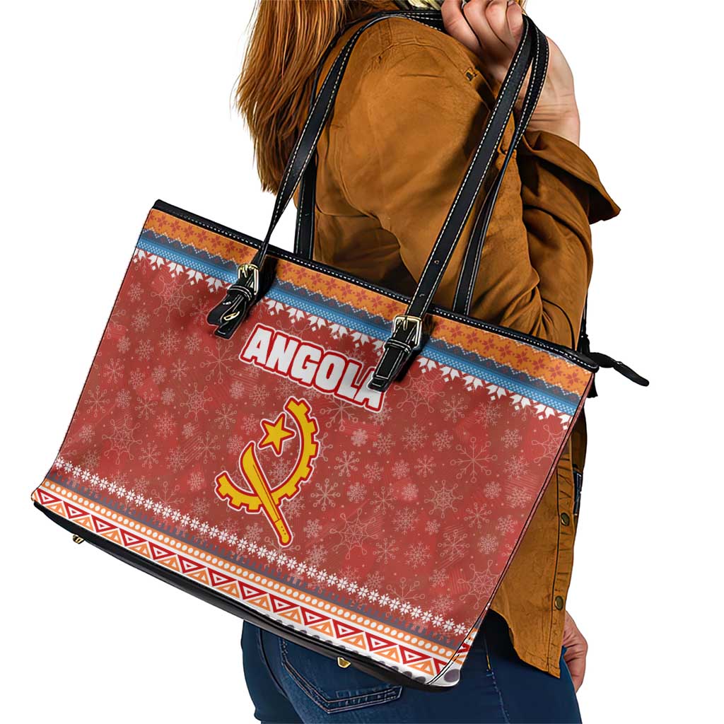 Angola Christmas Leather Tote Bag with Red Snowflake Pattern Tribal Santa Claus Motif - Wonder Print Shop