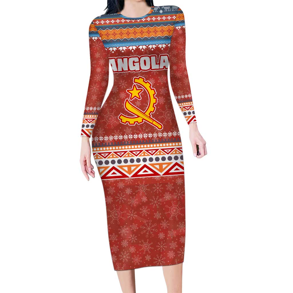 Angola Christmas Long Sleeve Bodycon Dress with Red Snowflake Pattern Tribal Santa Claus Motif - Wonder Print Shop