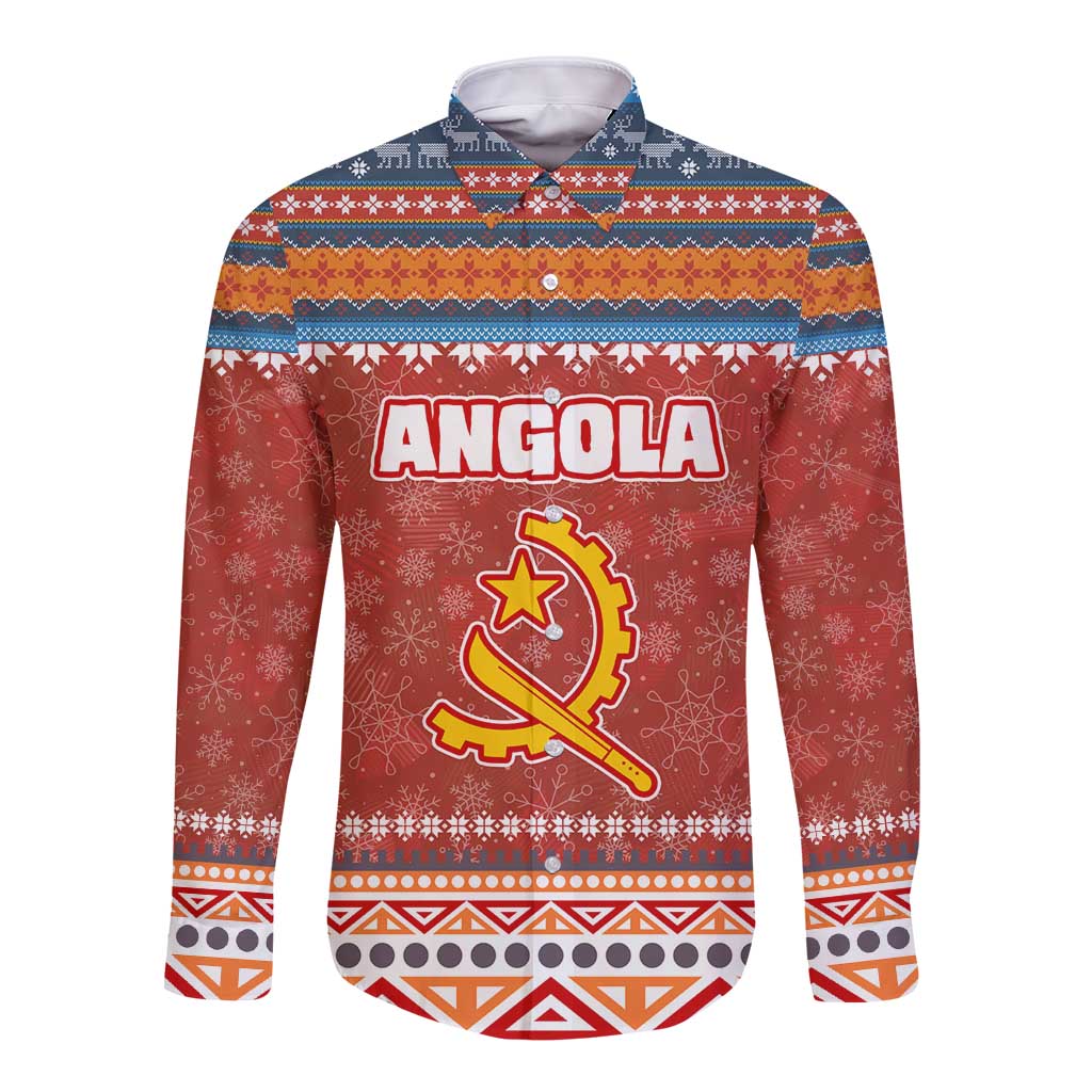 Angola Christmas Long Sleeve Button Shirt with Red Snowflake Pattern Tribal Santa Claus Motif - Wonder Print Shop