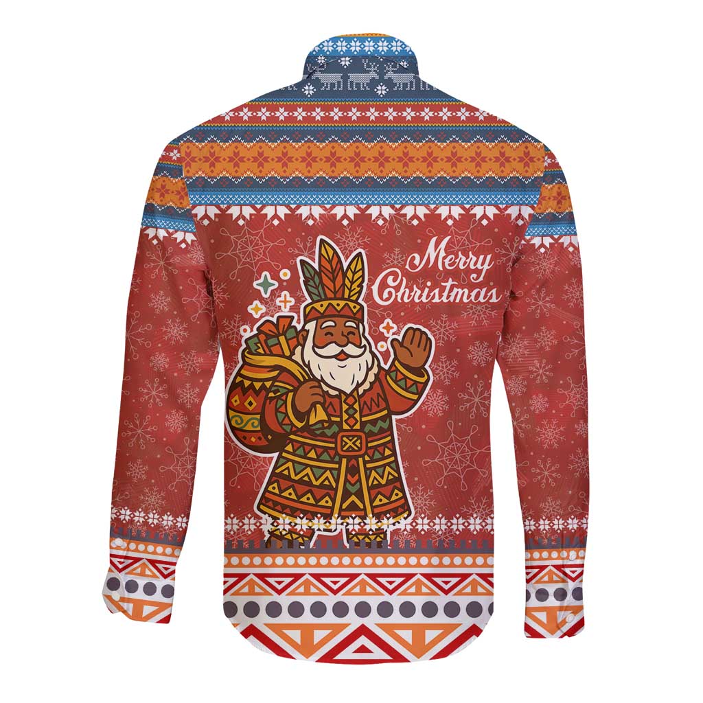 Angola Christmas Long Sleeve Button Shirt with Red Snowflake Pattern Tribal Santa Claus Motif - Wonder Print Shop