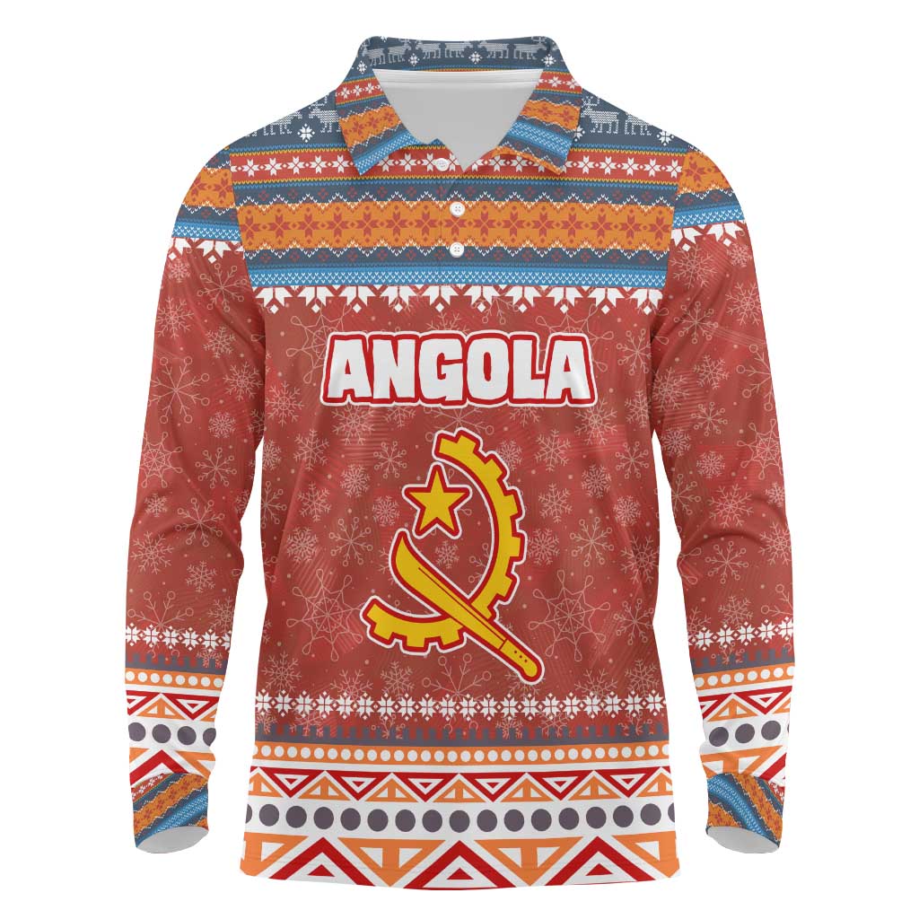 Angola Christmas Long Sleeve Polo Shirt with Red Snowflake Pattern Tribal Santa Claus Motif - Wonder Print Shop