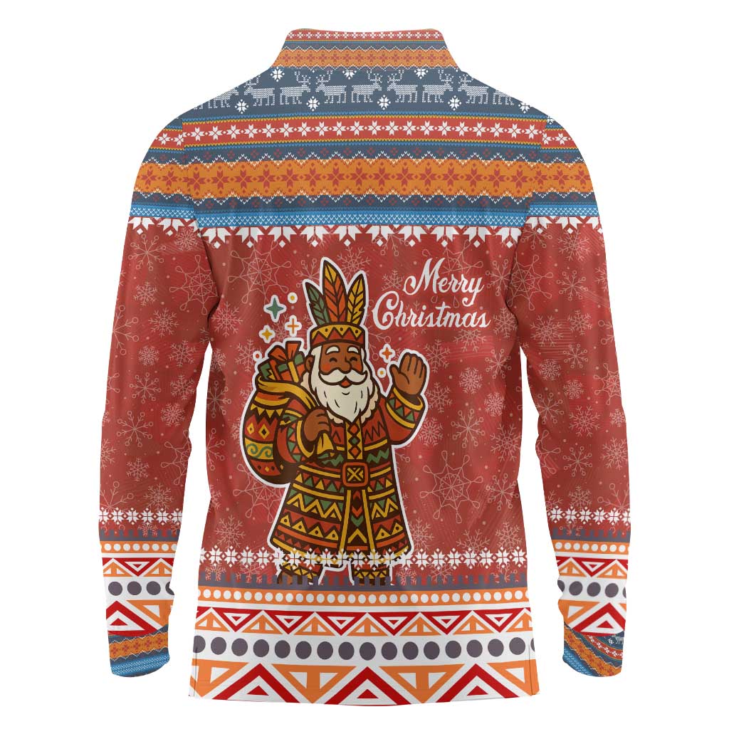 Angola Christmas Long Sleeve Polo Shirt with Red Snowflake Pattern Tribal Santa Claus Motif - Wonder Print Shop