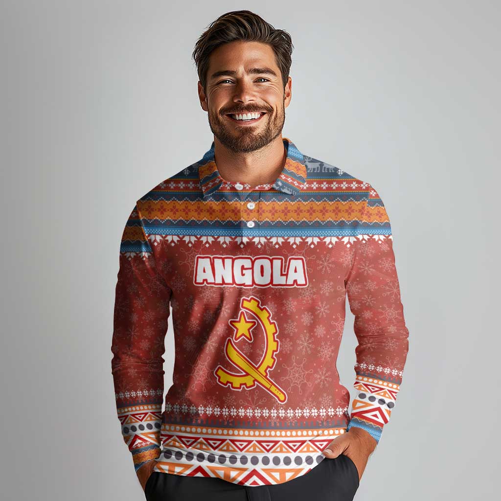Angola Christmas Long Sleeve Polo Shirt with Red Snowflake Pattern Tribal Santa Claus Motif - Wonder Print Shop