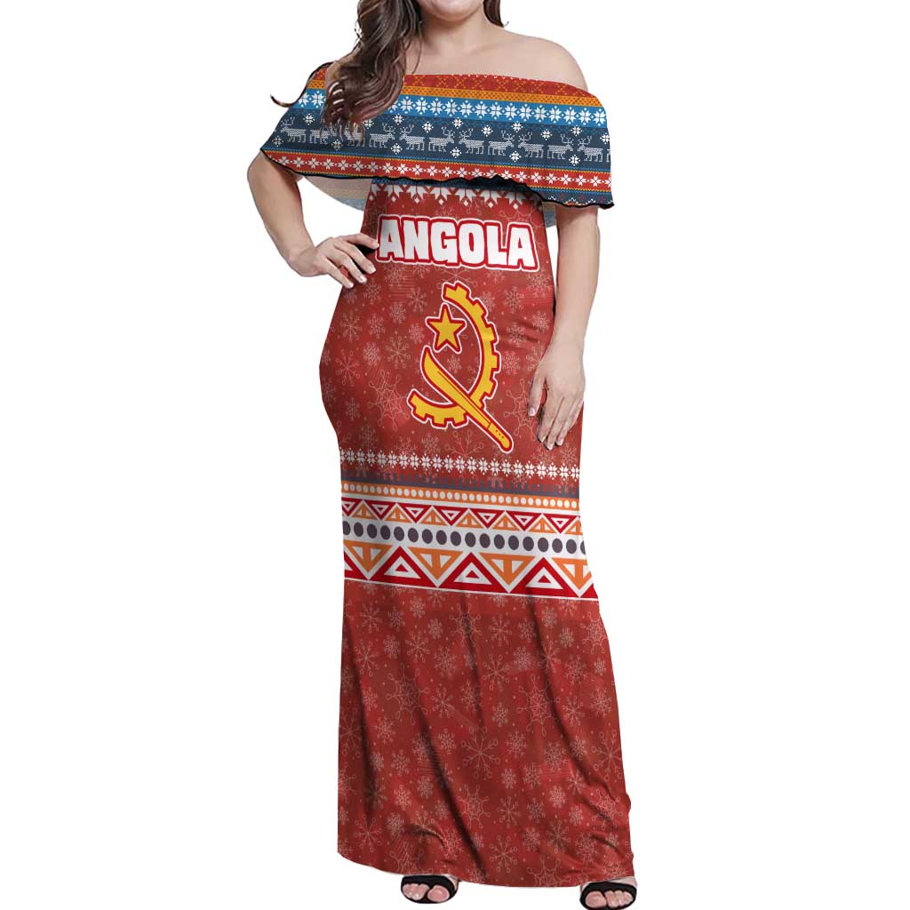 Angola Christmas Off Shoulder Maxi Dress with Red Snowflake Pattern Tribal Santa Claus Motif - Wonder Print Shop