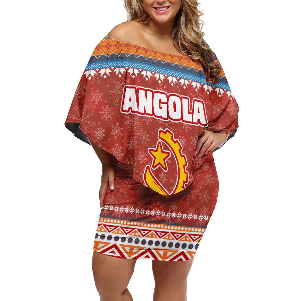 Angola Christmas Off Shoulder Short Dress with Red Snowflake Pattern Tribal Santa Claus Motif - Wonder Print Shop