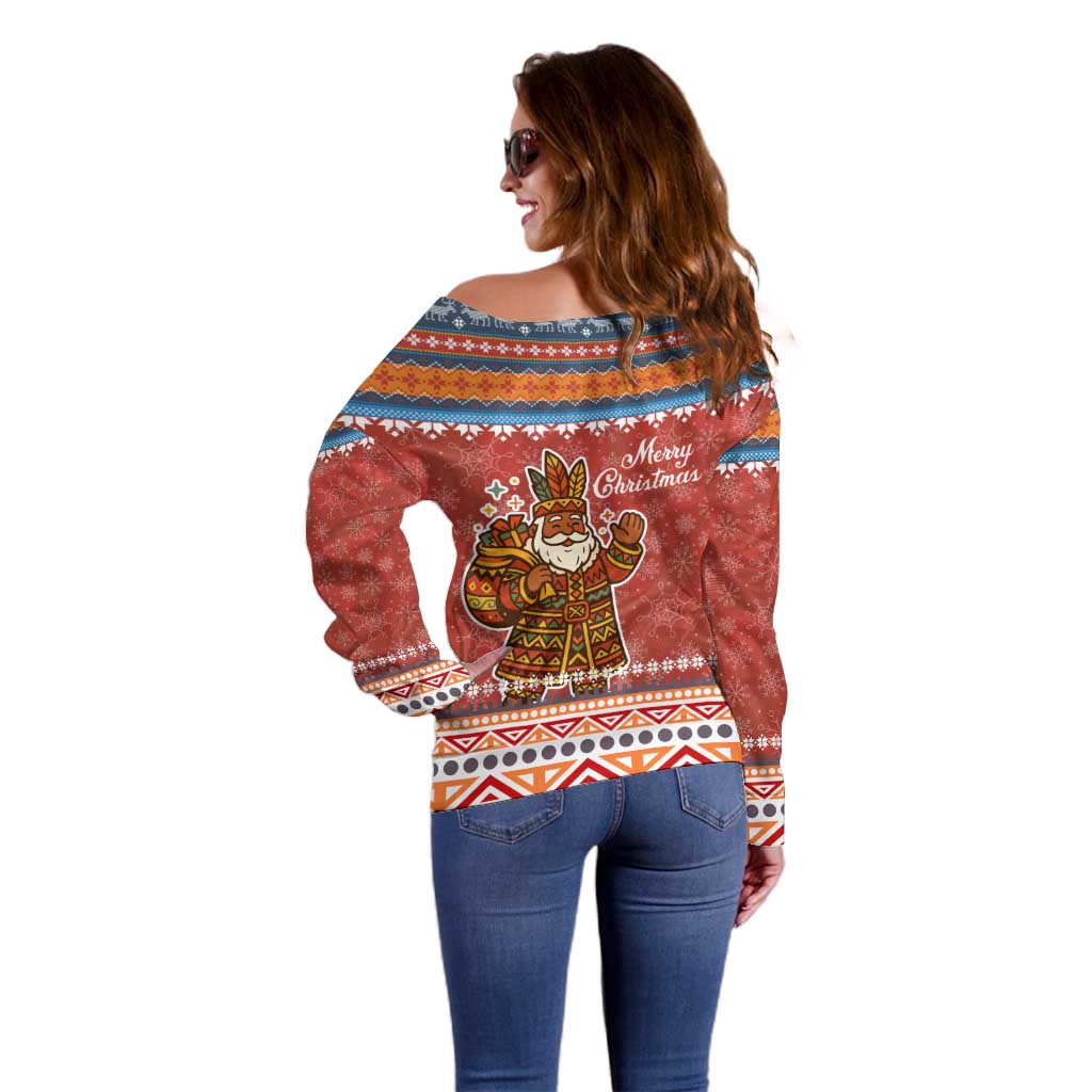 Angola Christmas Off Shoulder Sweater with Red Snowflake Pattern Tribal Santa Claus Motif - Wonder Print Shop