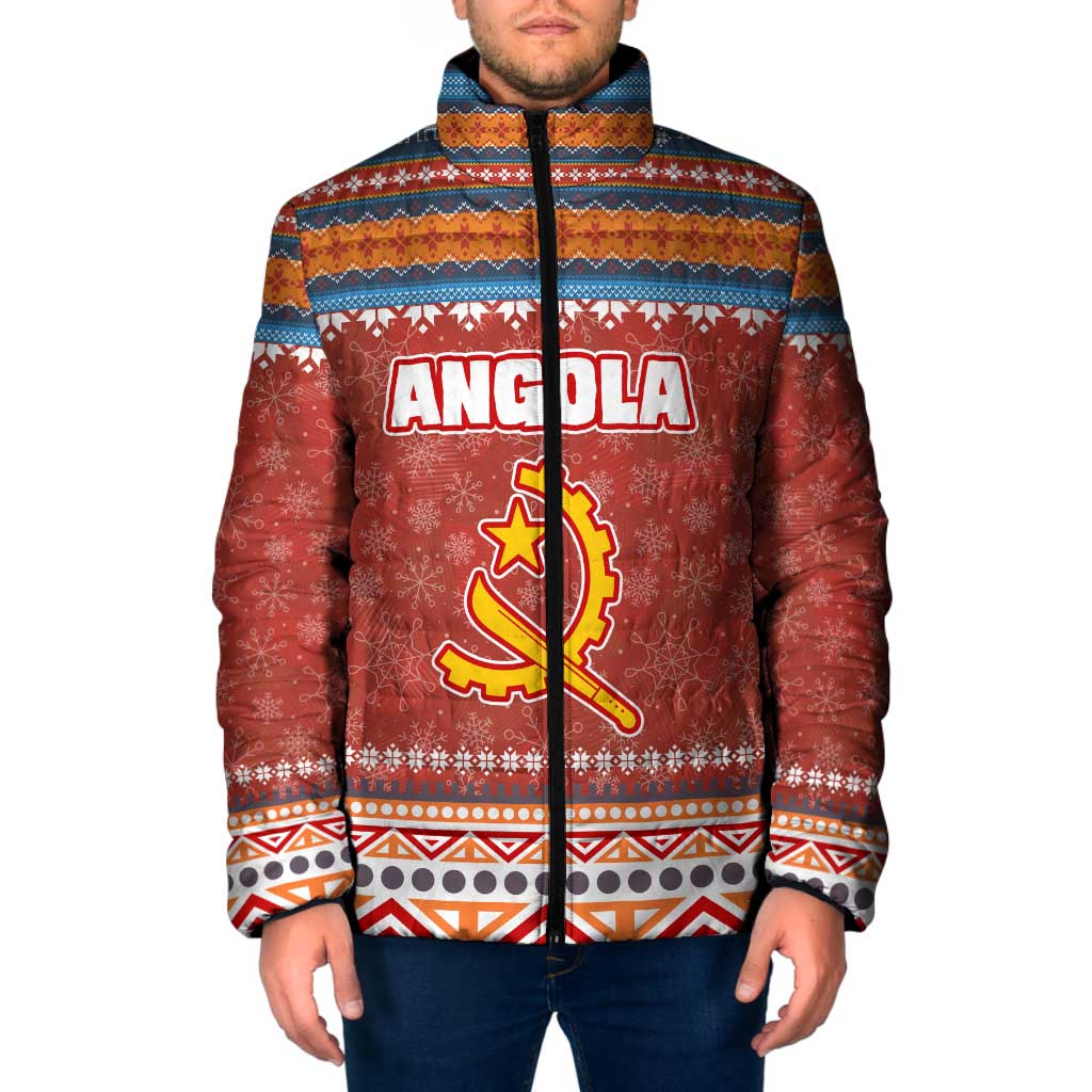 Angola Christmas Padded Jacket with Red Snowflake Pattern Tribal Santa Claus Motif - Wonder Print Shop