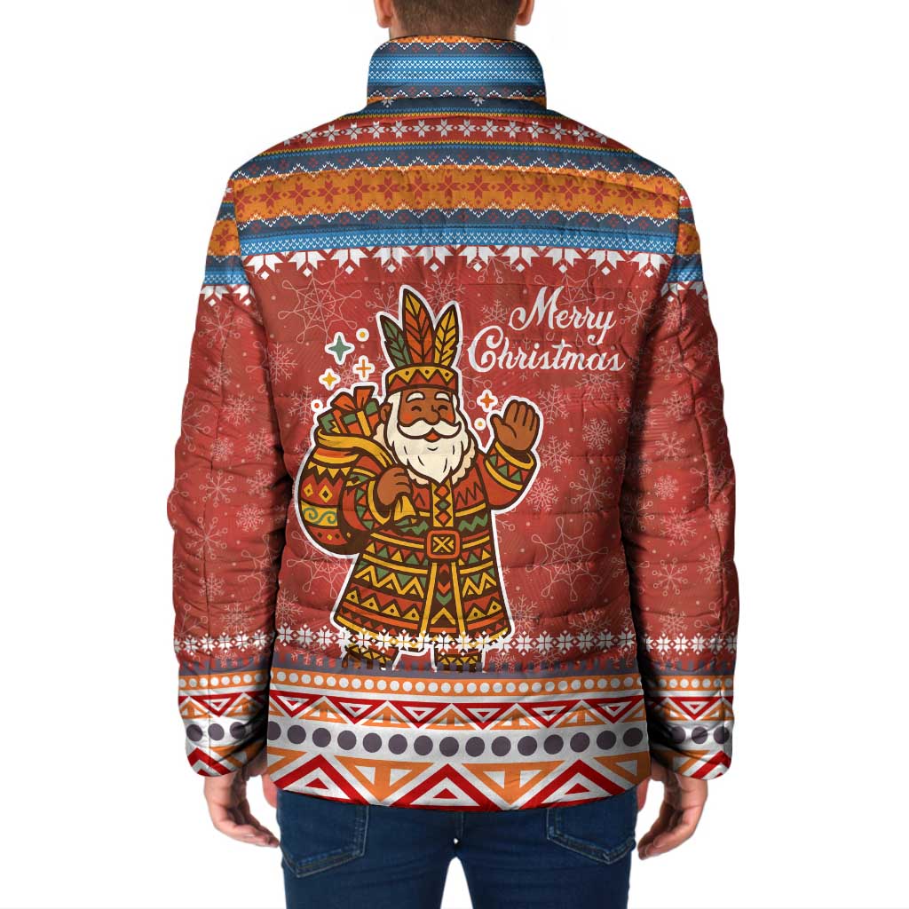 Angola Christmas Padded Jacket with Red Snowflake Pattern Tribal Santa Claus Motif - Wonder Print Shop