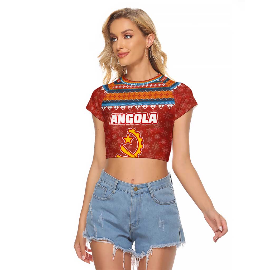 Angola Christmas Raglan Cropped T Shirt with Red Snowflake Pattern Tribal Santa Claus Motif - Wonder Print Shop