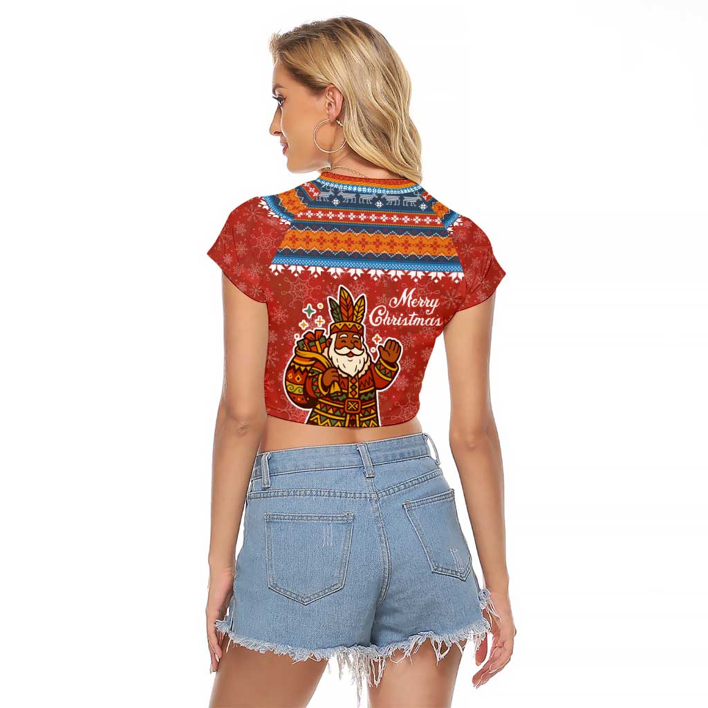 Angola Christmas Raglan Cropped T Shirt with Red Snowflake Pattern Tribal Santa Claus Motif - Wonder Print Shop