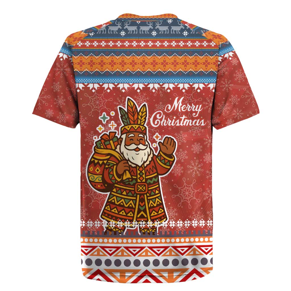 Angola Christmas Rugby Jersey with Red Snowflake Pattern Tribal Santa Claus Motif - Wonder Print Shop
