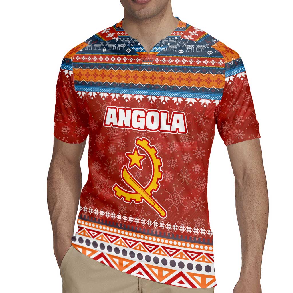 Angola Christmas Rugby Jersey with Red Snowflake Pattern Tribal Santa Claus Motif - Wonder Print Shop