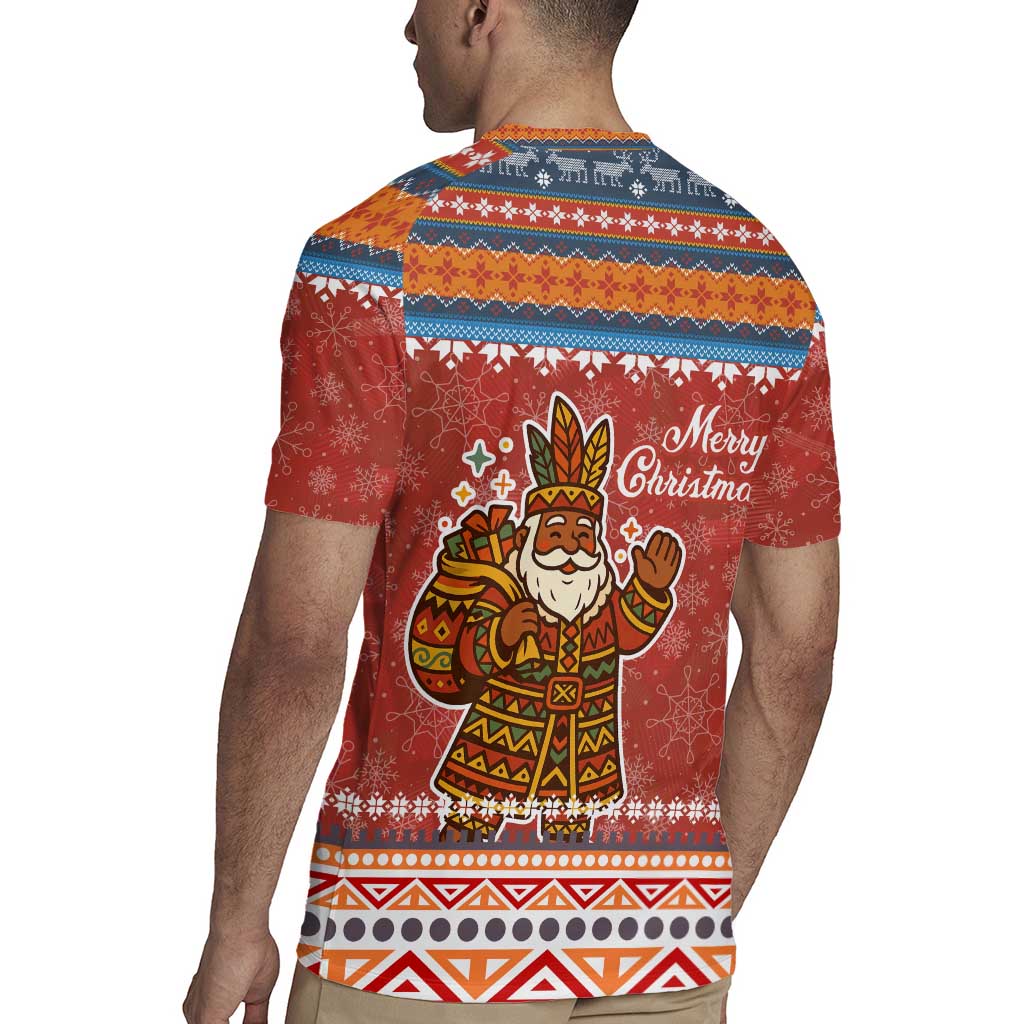 Angola Christmas Rugby Jersey with Red Snowflake Pattern Tribal Santa Claus Motif - Wonder Print Shop