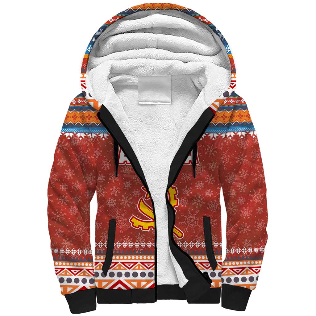 Angola Christmas Sherpa Hoodie with Red Snowflake Pattern Tribal Santa Claus Motif - Wonder Print Shop