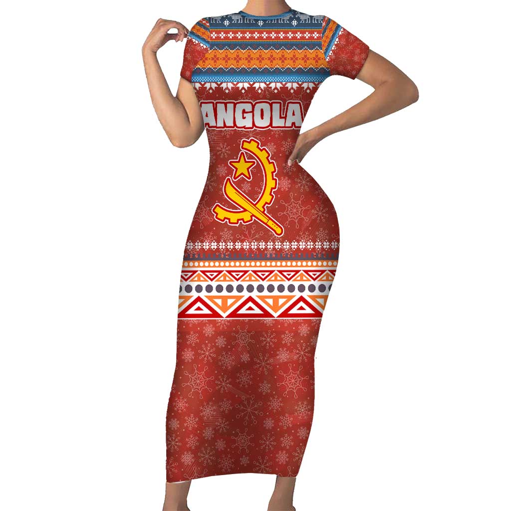 Angola Christmas Short Sleeve Bodycon Dress with Red Snowflake Pattern Tribal Santa Claus Motif - Wonder Print Shop