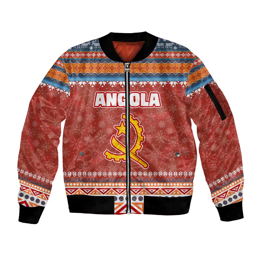 Angola Christmas Sleeve Zip Bomber Jacket with Red Snowflake Pattern Tribal Santa Claus Motif - Wonder Print Shop
