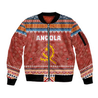 Angola Christmas Sleeve Zip Bomber Jacket with Red Snowflake Pattern Tribal Santa Claus Motif - Wonder Print Shop
