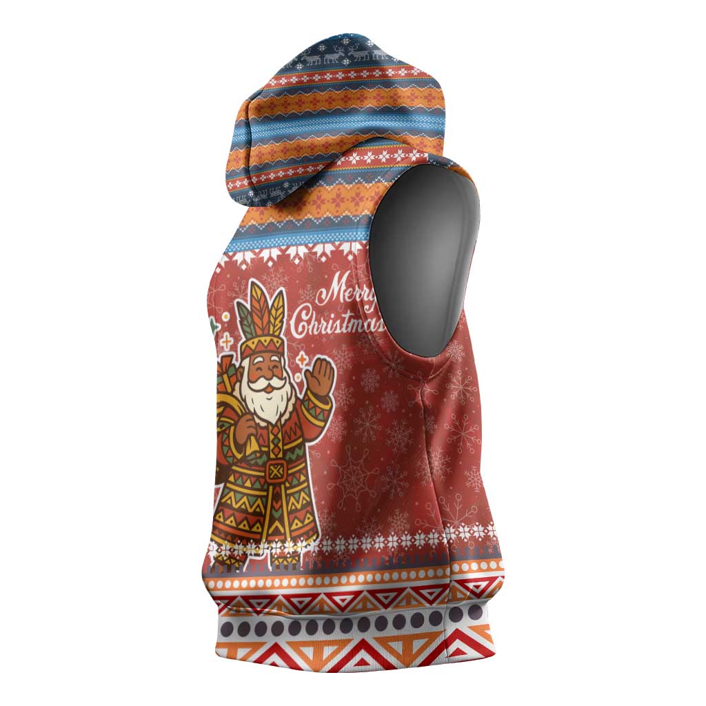 Angola Christmas Sleeveless Hoodie with Red Snowflake Pattern Tribal Santa Claus Motif - Wonder Print Shop