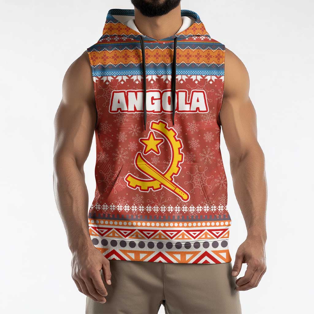 Angola Christmas Sleeveless Hoodie with Red Snowflake Pattern Tribal Santa Claus Motif - Wonder Print Shop