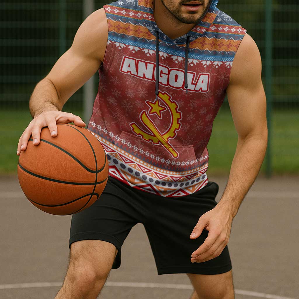 Angola Christmas Sleeveless Hoodie with Red Snowflake Pattern Tribal Santa Claus Motif - Wonder Print Shop