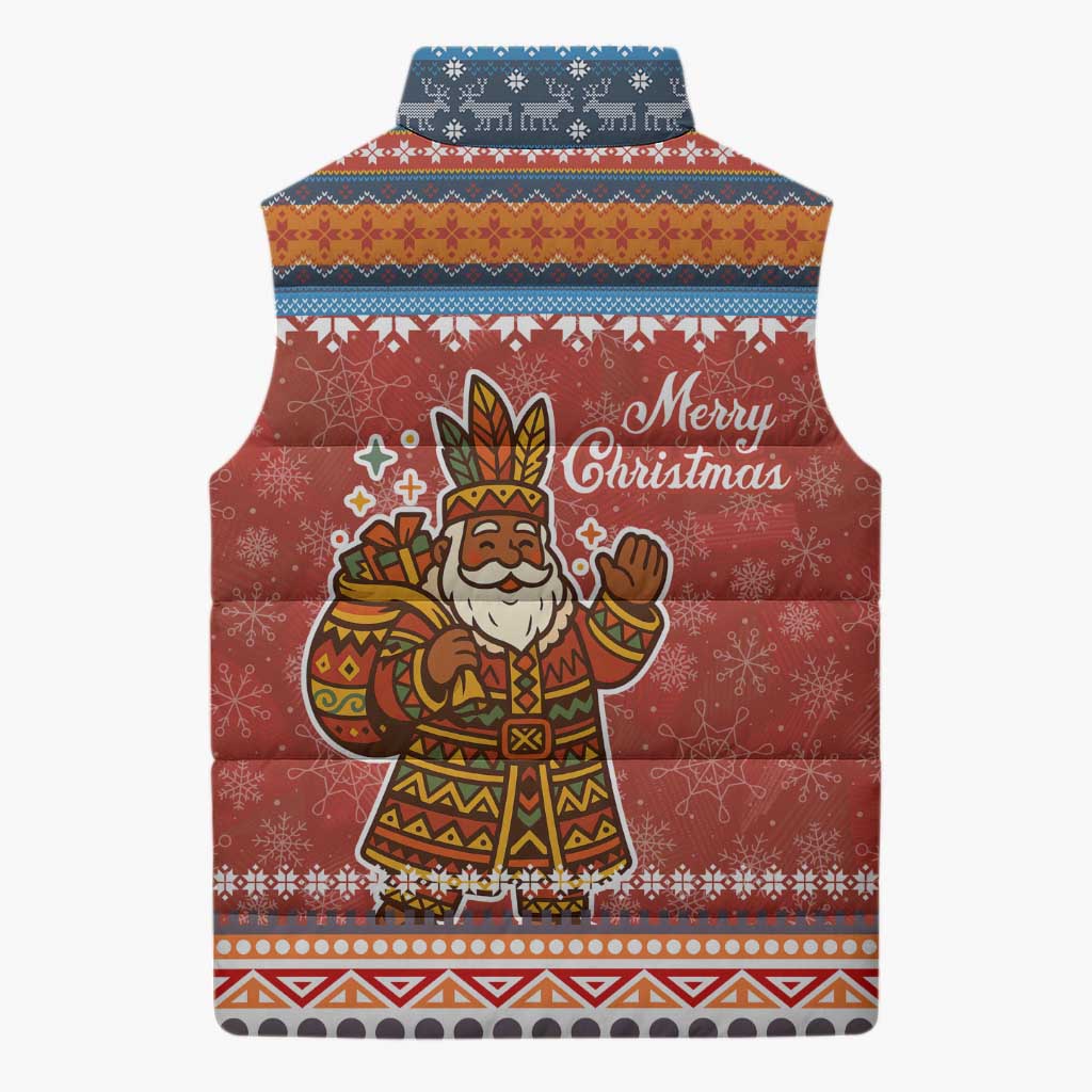 Angola Christmas Sleeveless Puffer Jacket with Red Snowflake Pattern Tribal Santa Claus Motif - Wonder Print Shop