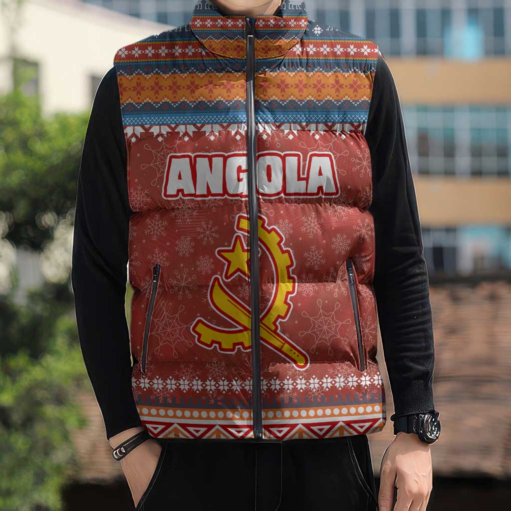Angola Christmas Sleeveless Puffer Jacket with Red Snowflake Pattern Tribal Santa Claus Motif - Wonder Print Shop