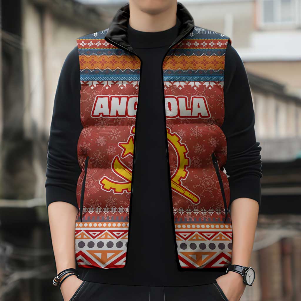 Angola Christmas Sleeveless Puffer Jacket with Red Snowflake Pattern Tribal Santa Claus Motif - Wonder Print Shop