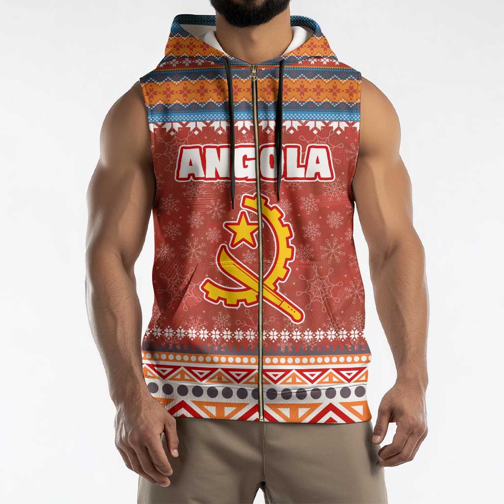 Angola Christmas Sleeveless Zip Hoodie with Red Snowflake Pattern Tribal Santa Claus Motif - Wonder Print Shop