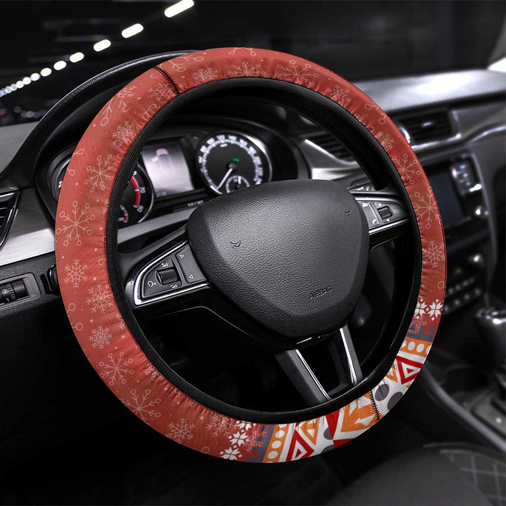 Angola Christmas Steering Wheel Cover with Red Snowflake Pattern Tribal Santa Claus Motif - Wonder Print Shop