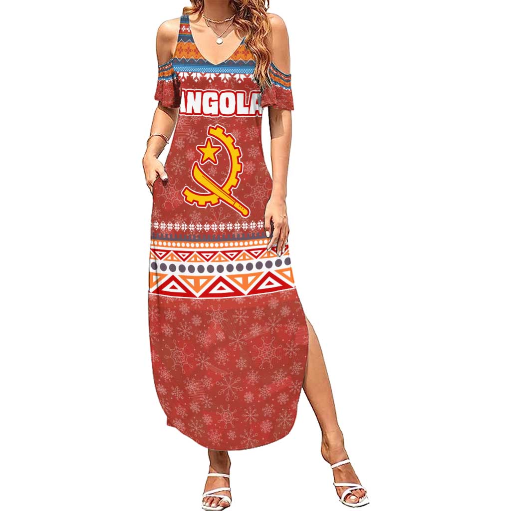 Angola Christmas Summer Maxi Dress with Red Snowflake Pattern Tribal Santa Claus Motif - Wonder Print Shop