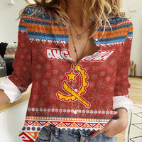 Angola Christmas Women Casual Shirt with Red Snowflake Pattern Tribal Santa Claus Motif - Wonder Print Shop