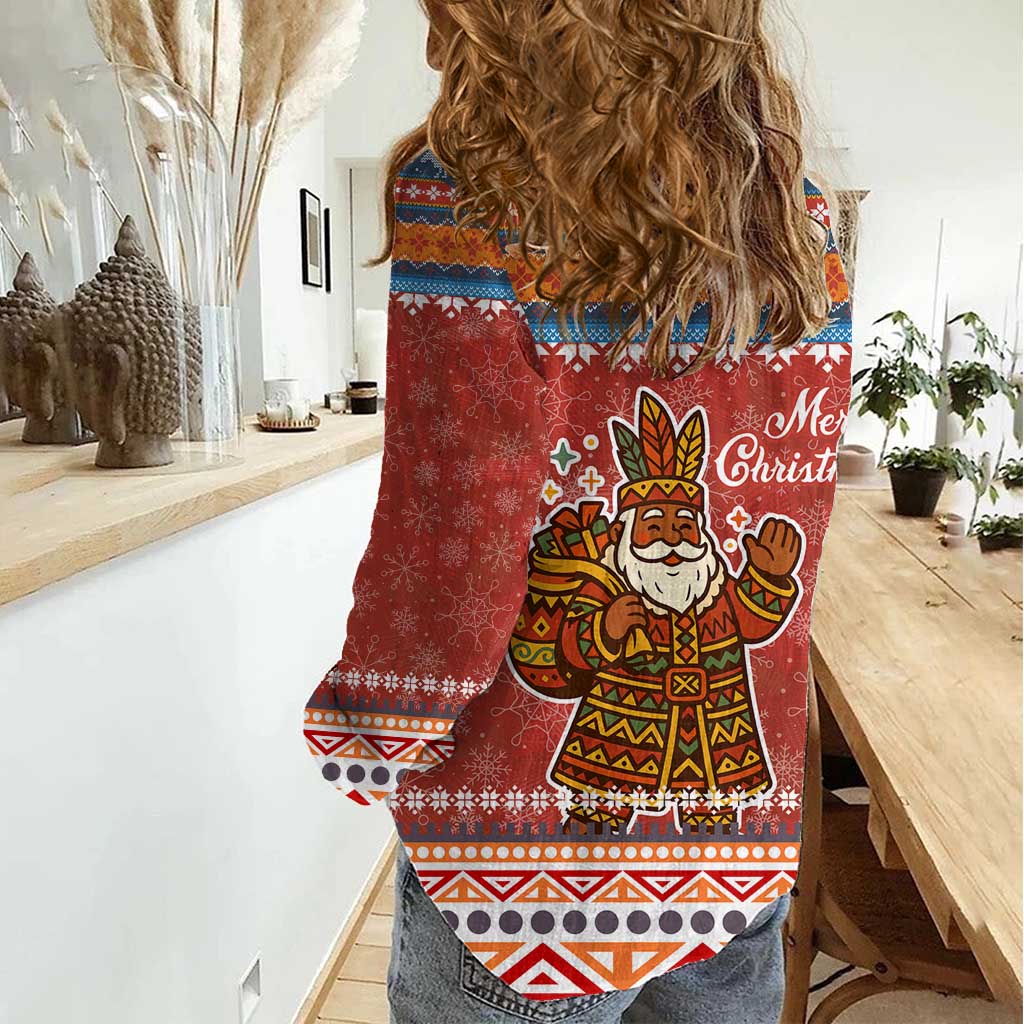 Angola Christmas Women Casual Shirt with Red Snowflake Pattern Tribal Santa Claus Motif - Wonder Print Shop