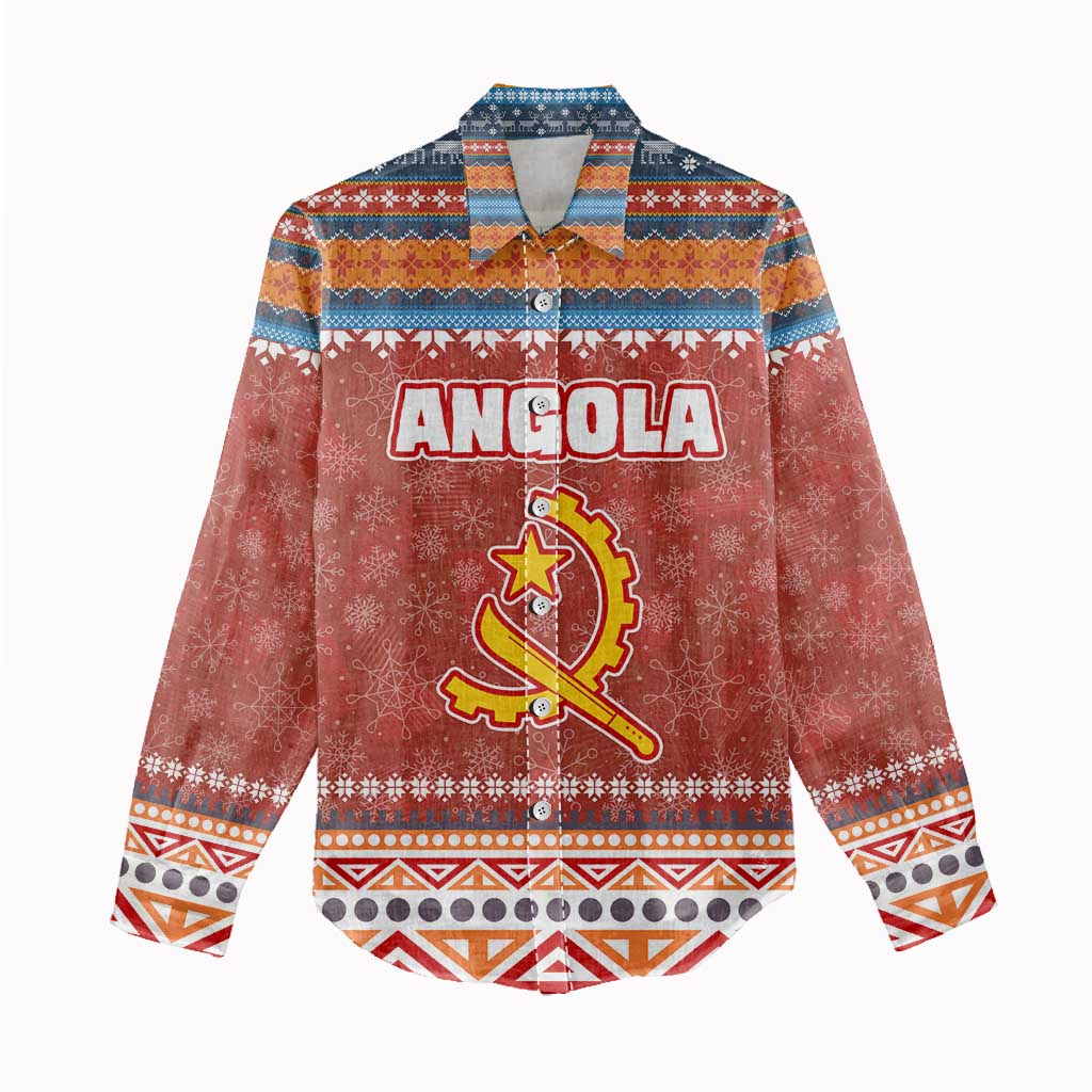 Angola Christmas Women Casual Shirt with Red Snowflake Pattern Tribal Santa Claus Motif - Wonder Print Shop