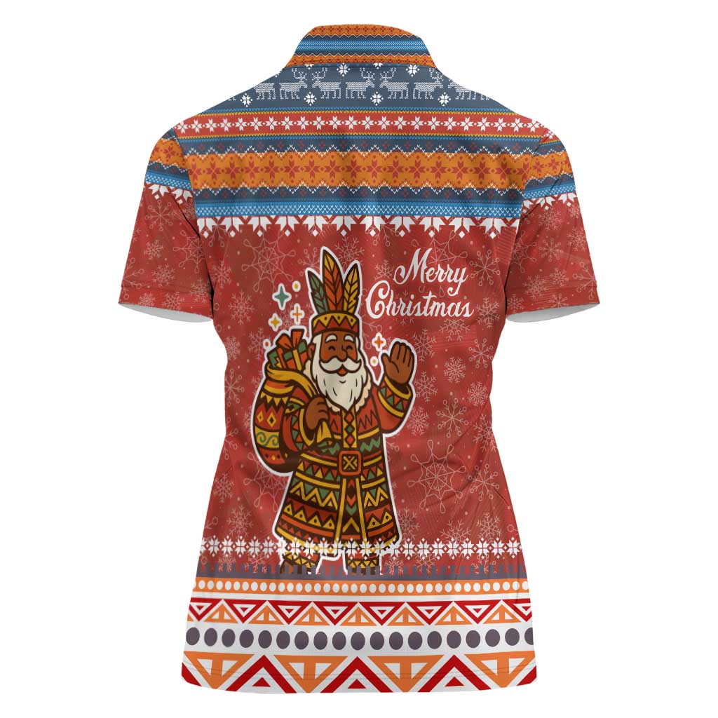 Angola Christmas Women Polo Shirt with Red Snowflake Pattern Tribal Santa Claus Motif - Wonder Print Shop