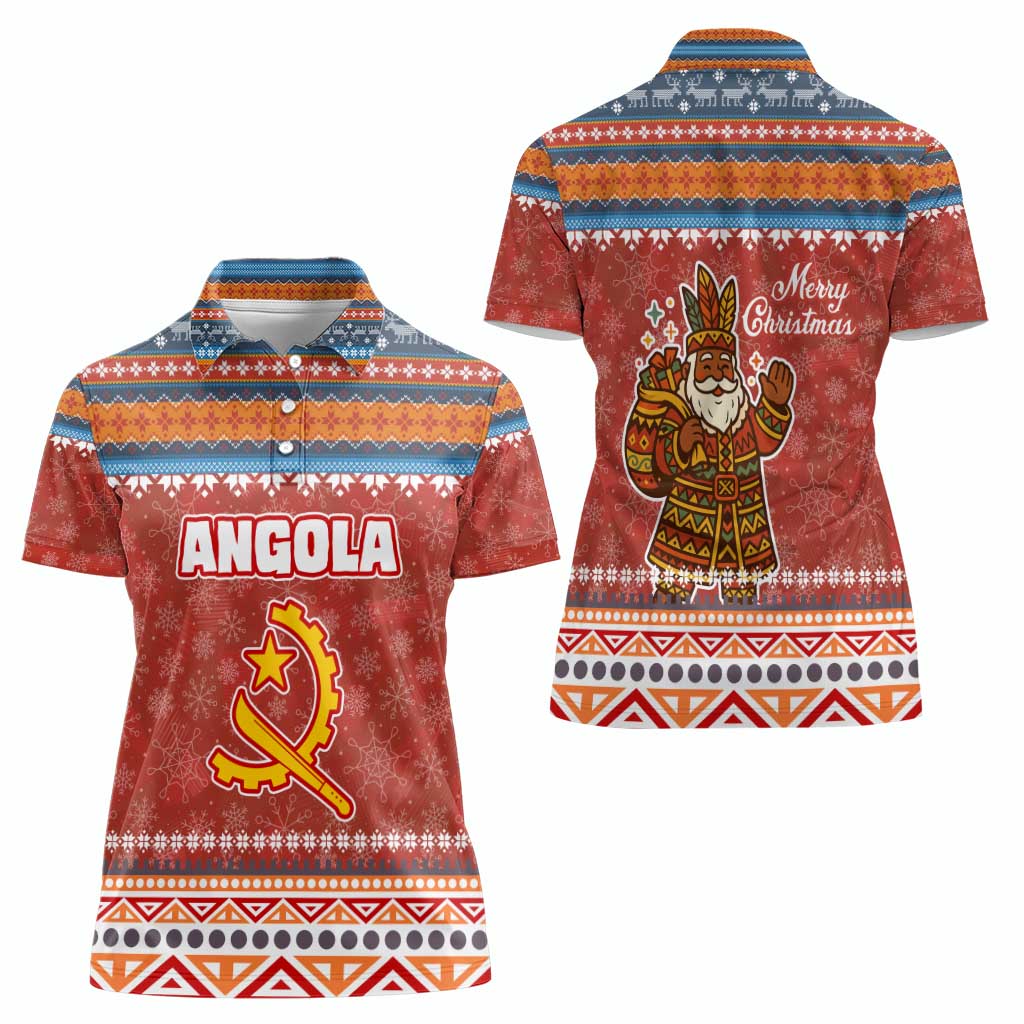 Angola Christmas Women Polo Shirt with Red Snowflake Pattern Tribal Santa Claus Motif - Wonder Print Shop