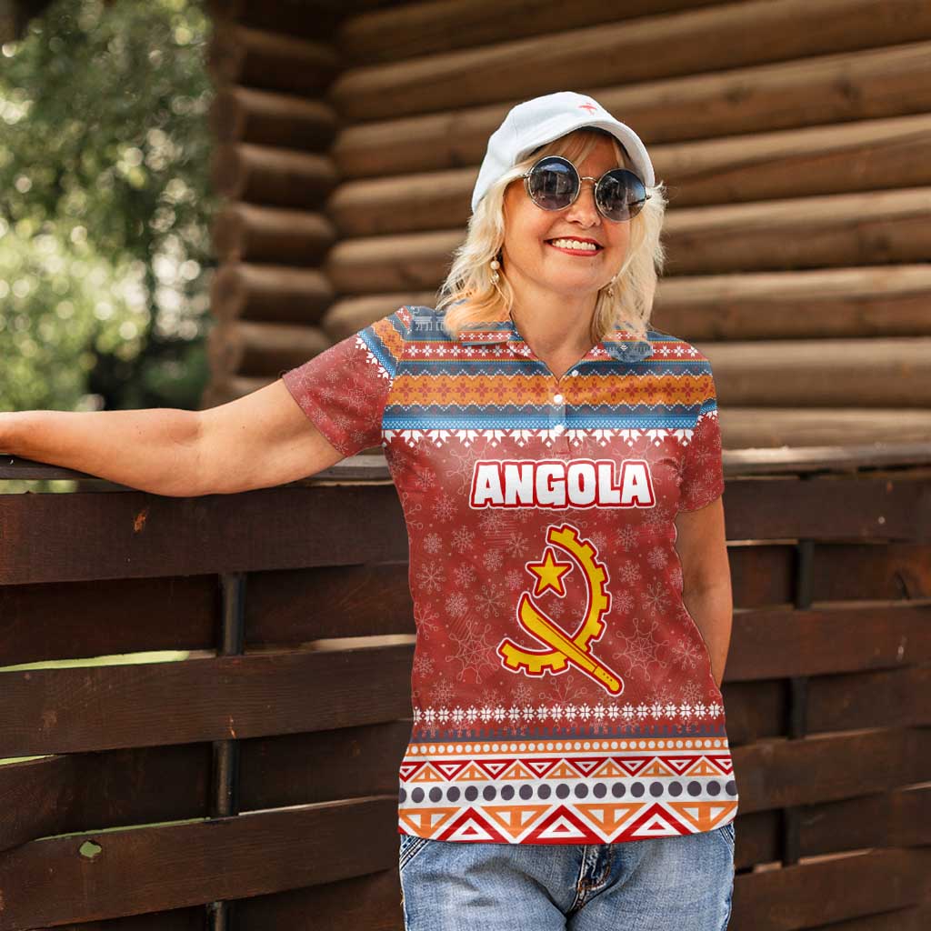 Angola Christmas Women Polo Shirt with Red Snowflake Pattern Tribal Santa Claus Motif - Wonder Print Shop