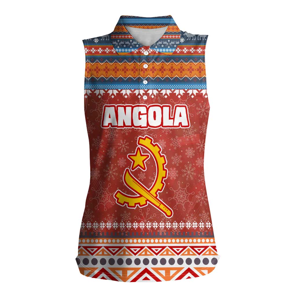 Angola Christmas Women Sleeveless Polo Shirt with Red Snowflake Pattern Tribal Santa Claus Motif - Wonder Print Shop