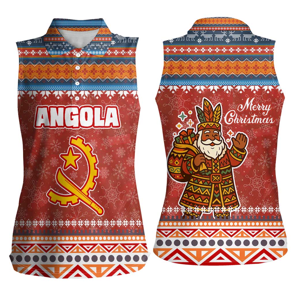 Angola Christmas Women Sleeveless Polo Shirt with Red Snowflake Pattern Tribal Santa Claus Motif - Wonder Print Shop