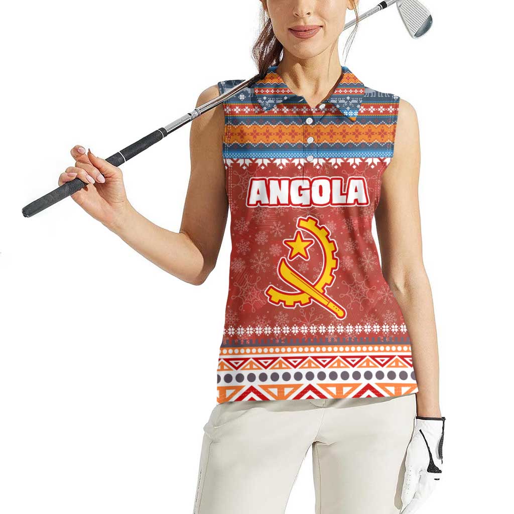 Angola Christmas Women Sleeveless Polo Shirt with Red Snowflake Pattern Tribal Santa Claus Motif - Wonder Print Shop