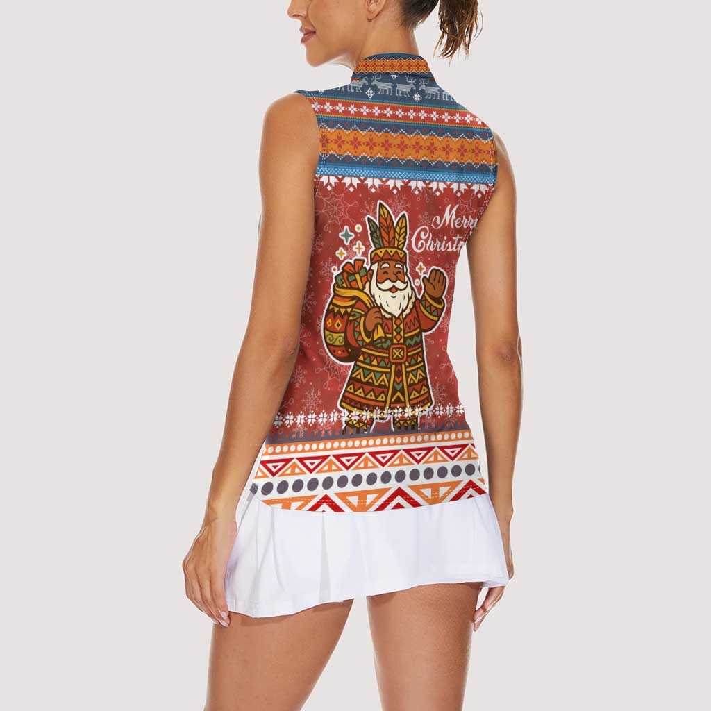 Angola Christmas Women Sleeveless Polo Shirt with Red Snowflake Pattern Tribal Santa Claus Motif - Wonder Print Shop