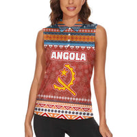 Angola Christmas Women Sleeveless Polo Shirt with Red Snowflake Pattern Tribal Santa Claus Motif - Wonder Print Shop