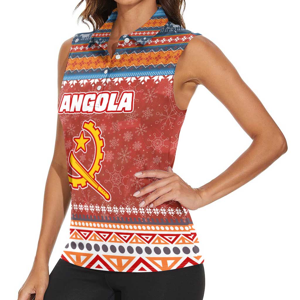 Angola Christmas Women Sleeveless Polo Shirt with Red Snowflake Pattern Tribal Santa Claus Motif - Wonder Print Shop